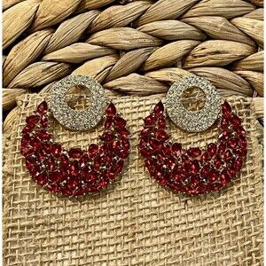 Vintage Earrings Clip On Door Knocker Crystal Encrusted Hoop Chunky